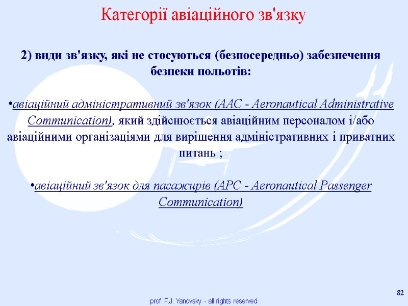 prof. F.J. Yanovsky - all rights reserved 82 Категорії авіаційного зв'язку 2) види зв'язку,